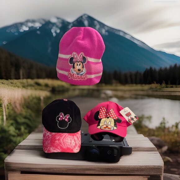 Lot Of 3 Hats / Caps 1 NWT Disney Minnie Mouse Cap W/ Sunglasses 1 Beanie, 1 Cap - Picture 1 of 11
